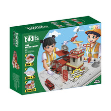 Load image into Gallery viewer, Bildits Fire Department toy set packaging with two characters and a fire station model.