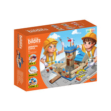 Load image into Gallery viewer, Bildits toy building set packaging with two children and a castle model on an orange background
