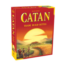 Load image into Gallery viewer, Boxed board game 'Catan' featuring a scenic illustration of an island with settlements and sunset.