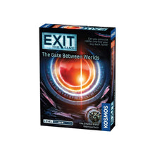 Load image into Gallery viewer, Boxed board game 'EXIT: The Gate Between Worlds' with a space-themed gate graphic and text detailing the game's title and level difficulty.