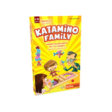 Load image into Gallery viewer, Katamino Family board game box on a plain white background. The packaging is bright yellow with cartoon illustrations of people playing with wooden puzzle pieces and colorful game components.