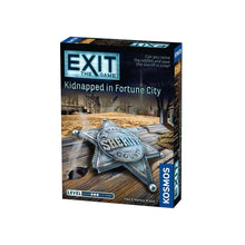 Load image into Gallery viewer, Box of the 'Exit - Kidnapped in Fortune City' board game featuring a sheriff's badge and a western town backdrop.