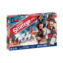 Load image into Gallery viewer, A board game cover for Stratego Original featuring illustrations of characters in a tactical board game setting, with red and blue pawn pieces and a game board depicted.