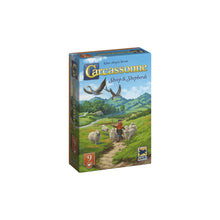Load image into Gallery viewer, Board game box for 'Carcassonne' featuring a shepherd and sheep on a grassy landscape.