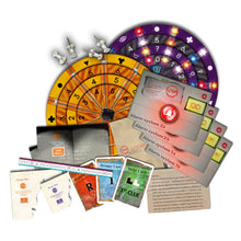 Load image into Gallery viewer, Assorted game components including a clock-like spinner, cards, and game pieces on a white background