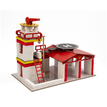 Load image into Gallery viewer, Toy fire station with a ladder and lookout tower on a white background