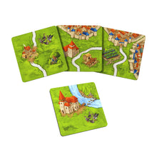 Load image into Gallery viewer, Board game pieces with castle and landscape designs on a white background