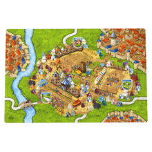 Load image into Gallery viewer, Colorful illustrated map of a medieval town with various elements like buildings, tents, and people.