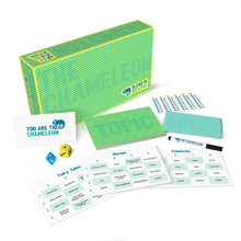 Load image into Gallery viewer, &quot;The Chameleon&quot; board game components including a box, cards, and dice on a white background
