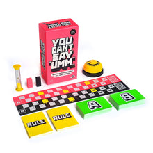 Load image into Gallery viewer, Board game set with components and pink box titled &quot;You Can&#39;t Say Umm&quot; on a white background
