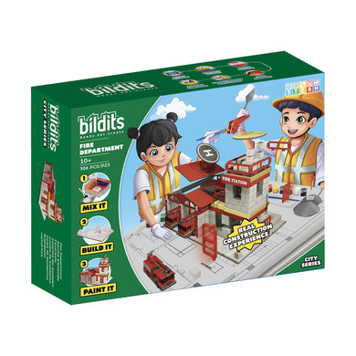 Bildits Fire Department toy set packaging with two characters and a fire station model.