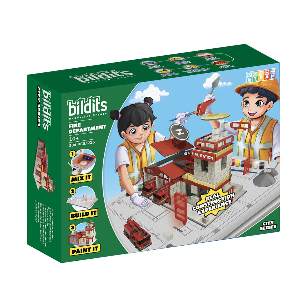 Bildits Fire Department toy set packaging with two characters and a fire station model.