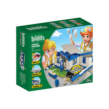 Load image into Gallery viewer, Bildits toy building set packaging with two characters and a police station model on a white background
