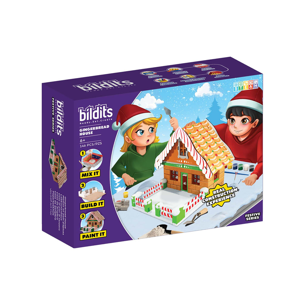 Bildits Gingerbread House building set packaging with two children and a gingerbread house on a white background