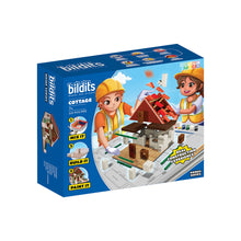 Load image into Gallery viewer, Bildits cottage building set packaging with two children and a house model on a white background
