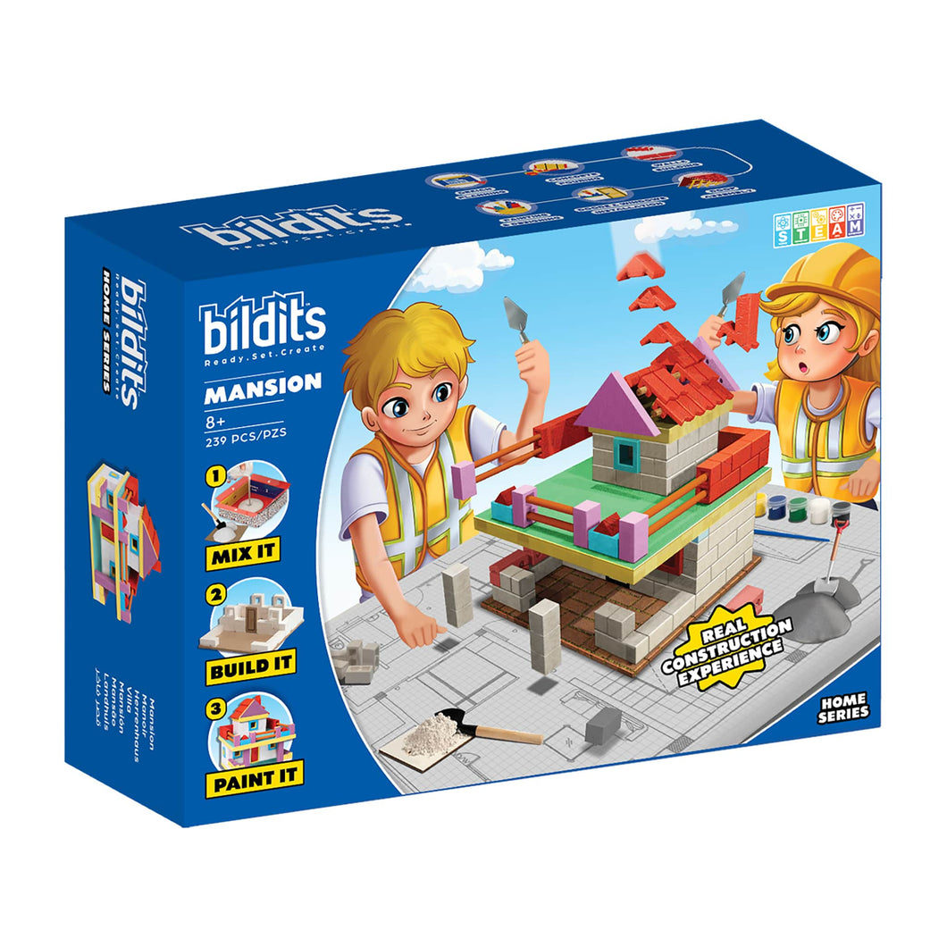 Bildits mansion building set packaging with cartoon characters and construction elements.