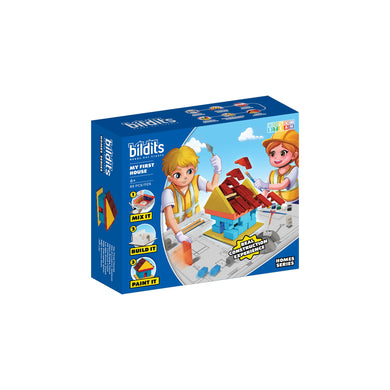 Toy construction set packaging with two characters on a white background
