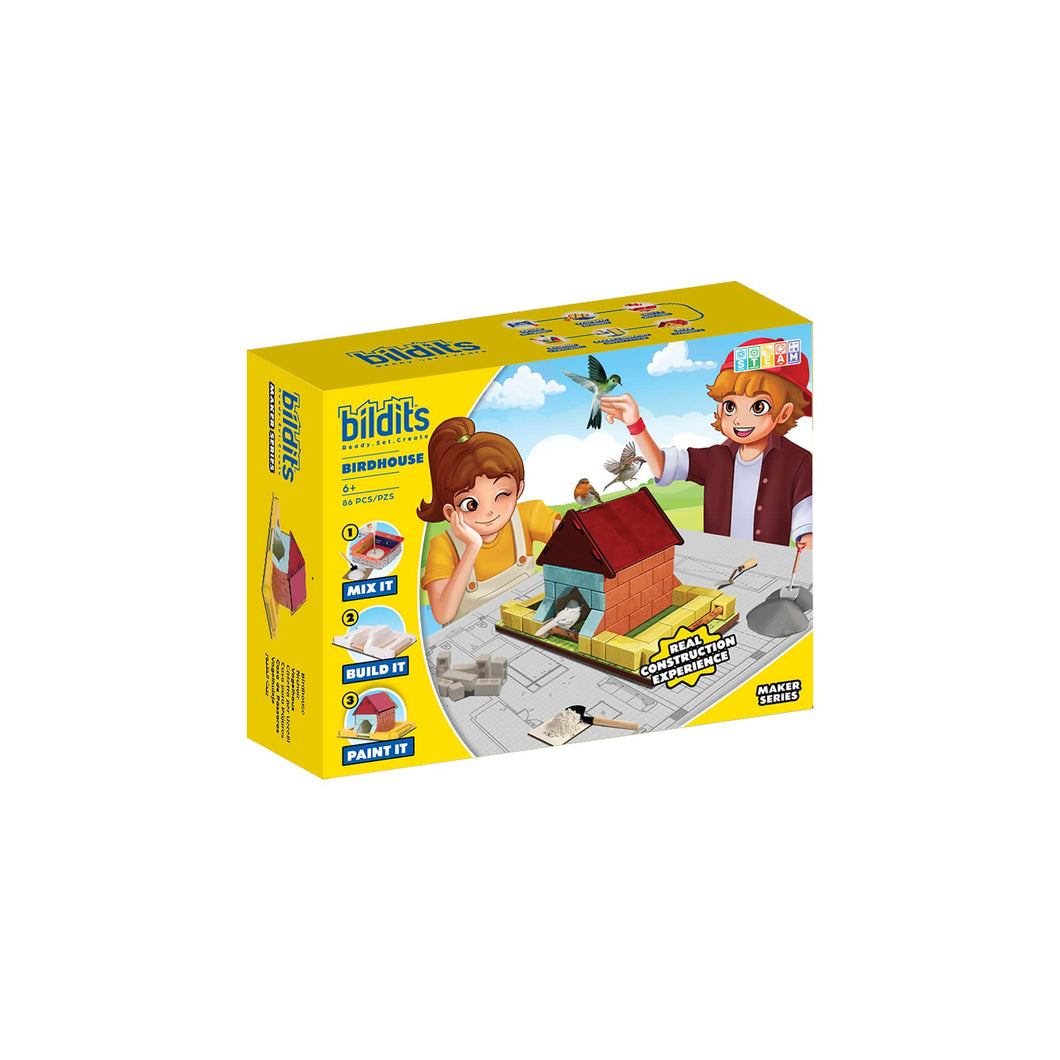 Box of a toy construction set with children and a birdhouse on a white background