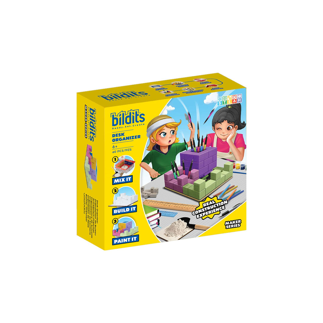 Bildits toy packaging with two children and a colorful organizer on a white background