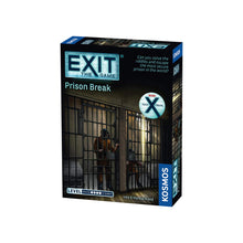Load image into Gallery viewer, Box of the &#39;Exit: Prison Break&#39; board game featuring an image of a person breaking out of a window in a dark, cell-like environment. The box indicates the game is for 2-4 players, ages 12 and up, with a playtime of 60-120 minutes.
