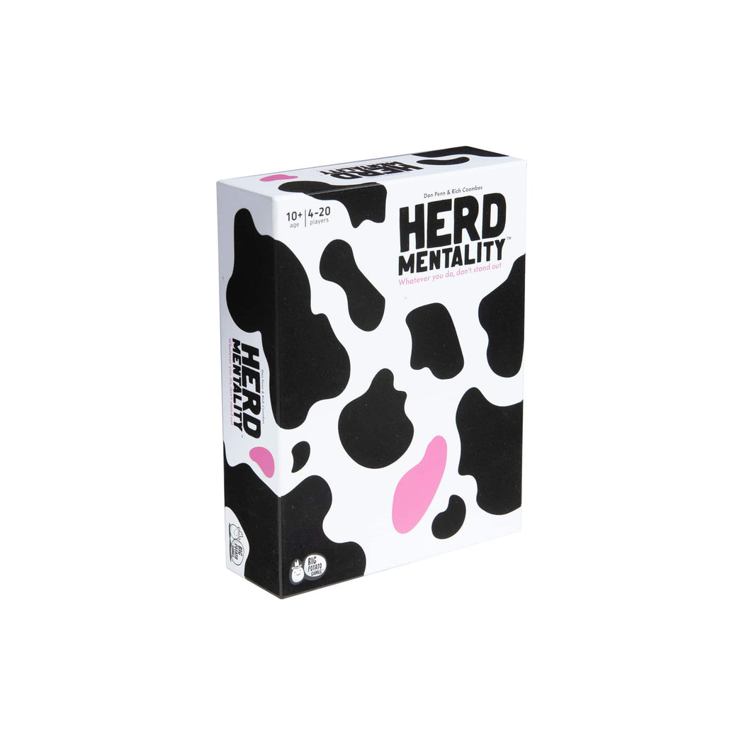 Board game box titled 'Herd Mentality' with black and pink cow print design on a white background