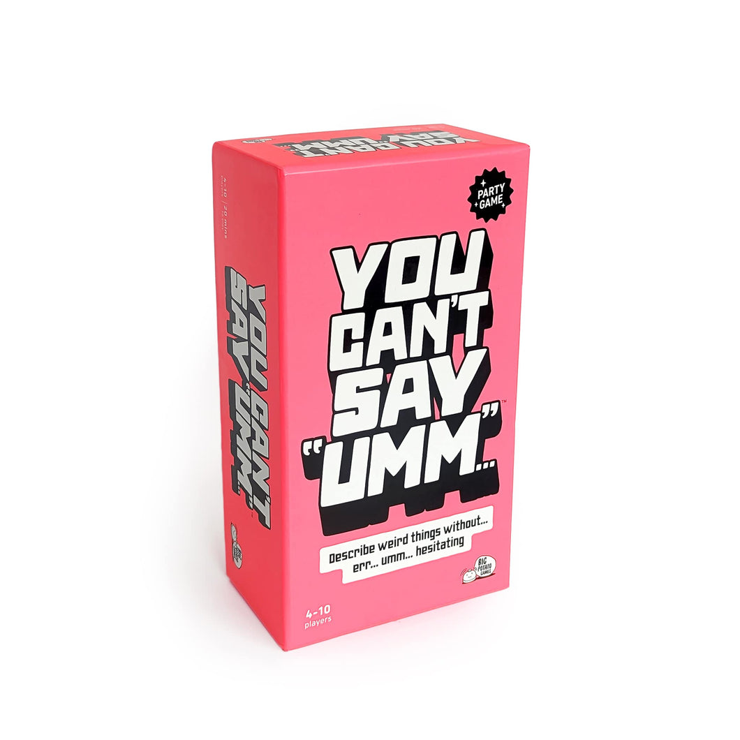 Pink game box titled 'You Can't Say Umm' on a white background