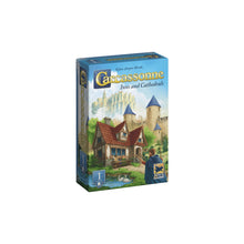 Load image into Gallery viewer, Carcassonne Expansion 1: Inns &amp; Cathedrals board game expansion front of box cathedral and inn illustrations.
