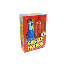 Load image into Gallery viewer, Box of 'Chicken vs Hotdog' family action game with blue chicken and red hotdog figures.
