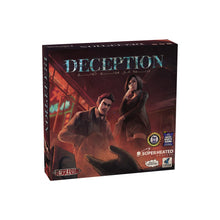 Load image into Gallery viewer, Board game box titled 'Deception' with two characters on a dark background
