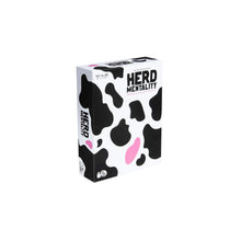 Load image into Gallery viewer, Board game box titled 'Herd Mentality' with black and white cow print design on a white background
