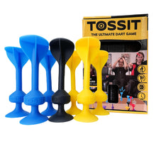 Load image into Gallery viewer, Set of colorful blue, yellow and black silicon dart set with Tossit packaging in the background
