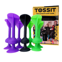 Load image into Gallery viewer, Colorful purple, green and black silicon darts with Tossit packaging in the background
