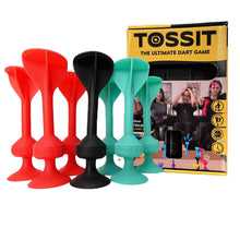 Load image into Gallery viewer, Colorful red, cyan, and black silicon dart set with Tossit packaging in the background
