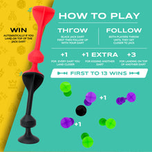 Load image into Gallery viewer, Game instructions for a darts-based game with a red and black dart on a teal background.
