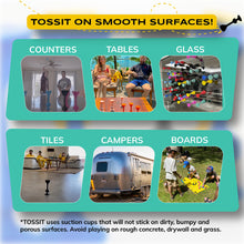 Load image into Gallery viewer, Product advertisement showing various surfaces where 'TOSSIT' can be used, with images of people and objects on different types of flooring and furniture.
