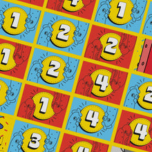 Load image into Gallery viewer, Pattern with numbers and cartoonish creatures on a colorful grid background
