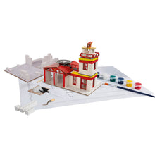 Load image into Gallery viewer, Model of a fire station with tools and paint supplies on a white background
