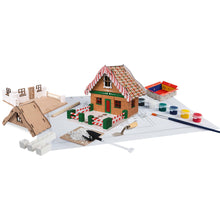 Load image into Gallery viewer, Children&#39;s Gingerbread house model craft set with wooden house, tools, and paint on a white background
