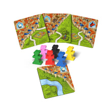 Load image into Gallery viewer, Board game pieces and cards with colorful figures and scenic landscapes on a white background
