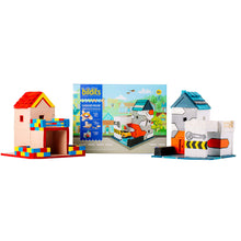 Load image into Gallery viewer, Toy building set with two structures and a colorful box in the background on a white background
