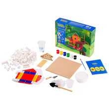 Load image into Gallery viewer, Children's craft kit with various items including a box, paper, and small tools on a white background.

