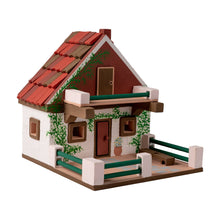 Load image into Gallery viewer, Wooden model of a house with a red roof and white walls on a white background
