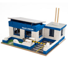 Load image into Gallery viewer, Model of a police station made from interlocking bricks on a white background
