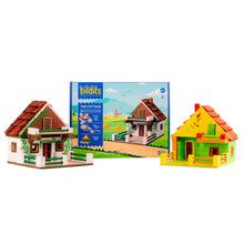 Load image into Gallery viewer, Toy building kit with the two examples of the model and a packaging box on a white background
