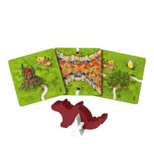 Load image into Gallery viewer, Board game components including cards with game maps and a red dragon-shaped piece on a white background
