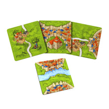 Load image into Gallery viewer, Set of four board game tiles with village and landscape designs on a white background
