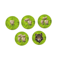 Load image into Gallery viewer, Set of five circular stickers with sheep and a wolf on a green field background.
